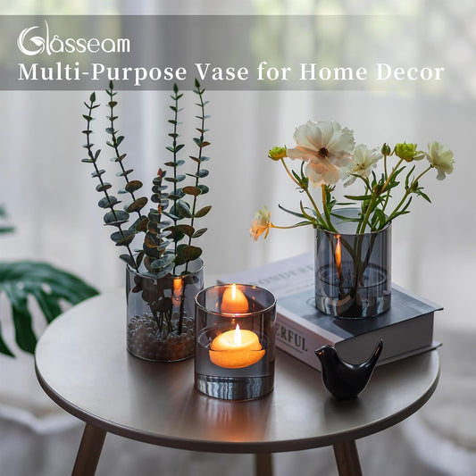 Glasseam Gray Glass Cylinder Vases – Set of 6 Modern Flower Vases for Home Decor