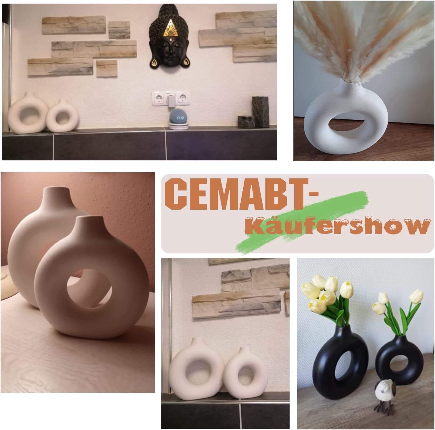 CEMABT Handcrafted Ceramic Vase Set for Dried Flowers, White and Beige, Elegant Office Decor Accessories
