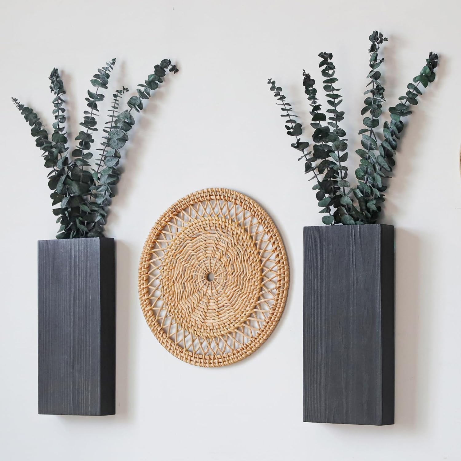 Set of 2 Wooden Wall Planter Vases with Artificial Green Plants for Indoor Decoration - Modern Farmhouse Style Wall Decor for Living Room, Bedroom, Kitchen, and Home Office (Black)