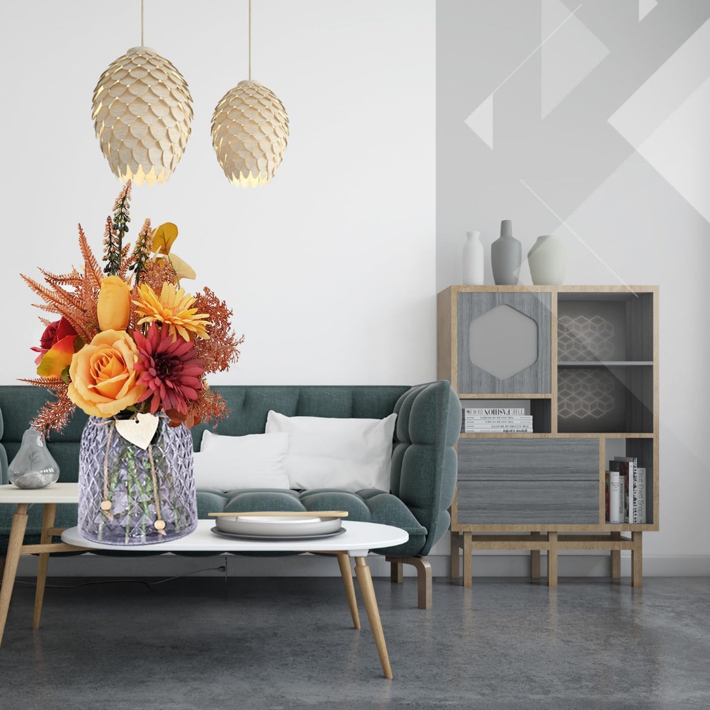 Künstliche Blumenarrangements mit Rosen und Chrysanthemen in Glasvase für stilvolle Tischdekoration und Wohnräume
