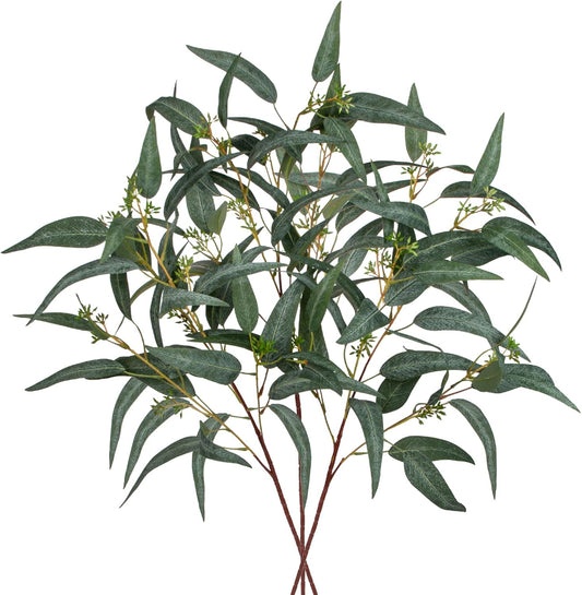 3PCS Kunststoff Pflanzen Künstliche Eukalyptusblätter Grün, 34'' Langer Stiel Gefälschte Eukalyptuszweige Mit Früchten, Faux Greenery Arrangement Für Frühlingsdekoration, Heimdekoration, Vase Dekor
