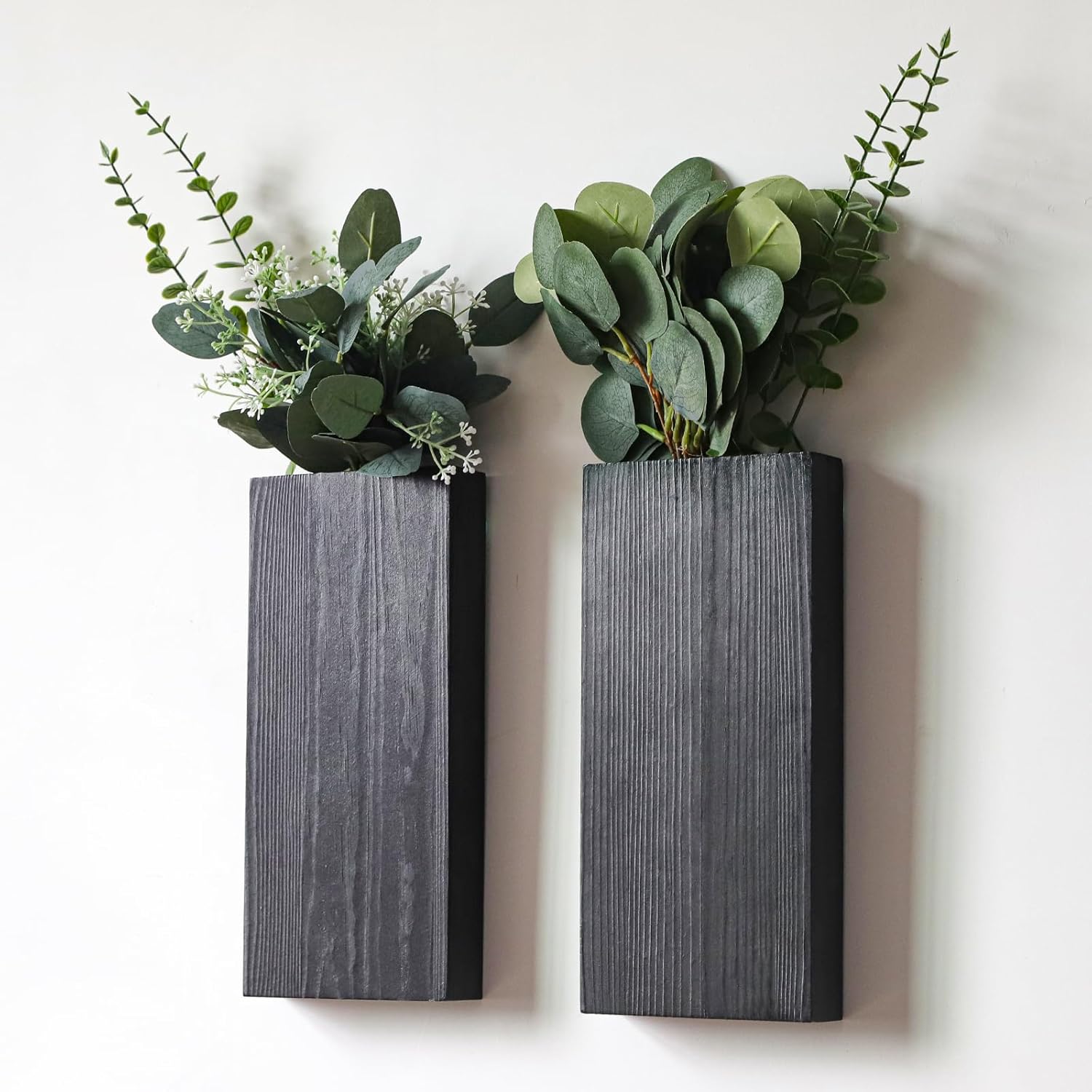 Set of 2 Wooden Wall Planter Vases with Artificial Green Plants for Indoor Decoration - Modern Farmhouse Style Wall Decor for Living Room, Bedroom, Kitchen, and Home Office (Black)