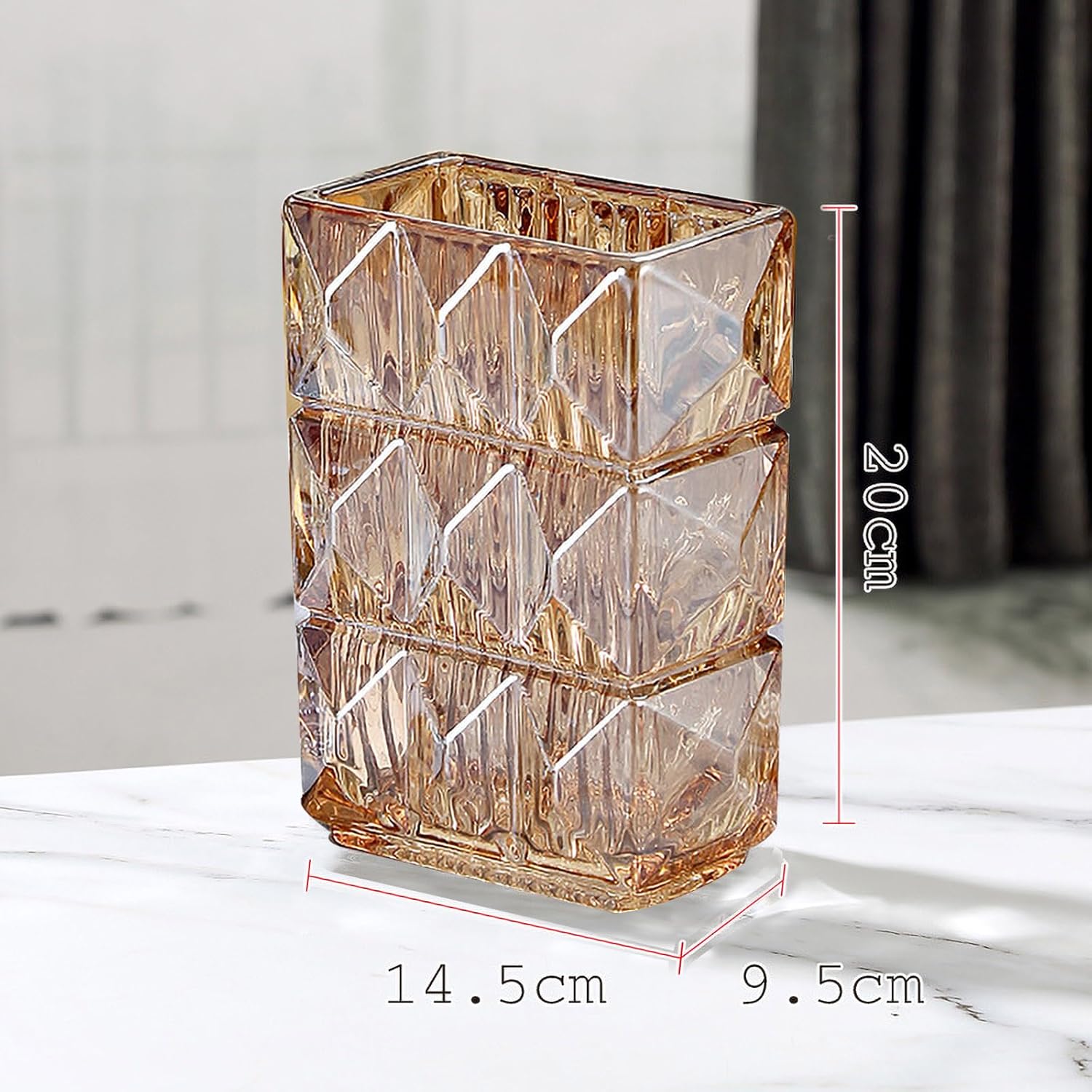 20 cm Crystal Glass Vase, Thick Clear Glass Flower Vase, Large Square Decorative Vase for Modern Farmhouse Centerpiece, Home Room Decor (Amber)