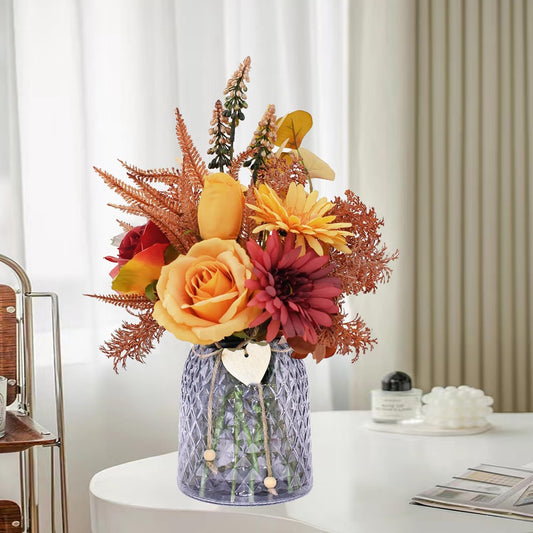 Künstliche Blumenarrangements mit Rosen und Chrysanthemen in Glasvase für stilvolle Tischdekoration und Wohnräume