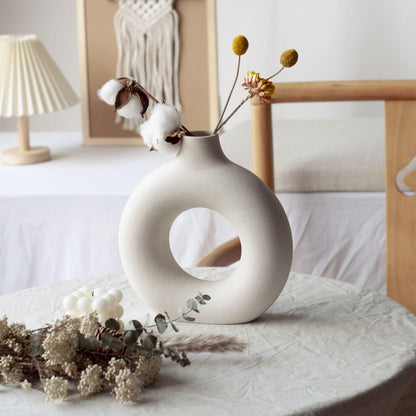 CEMABT Handcrafted Ceramic Vase Set for Dried Flowers, White and Beige, Elegant Office Decor Accessories