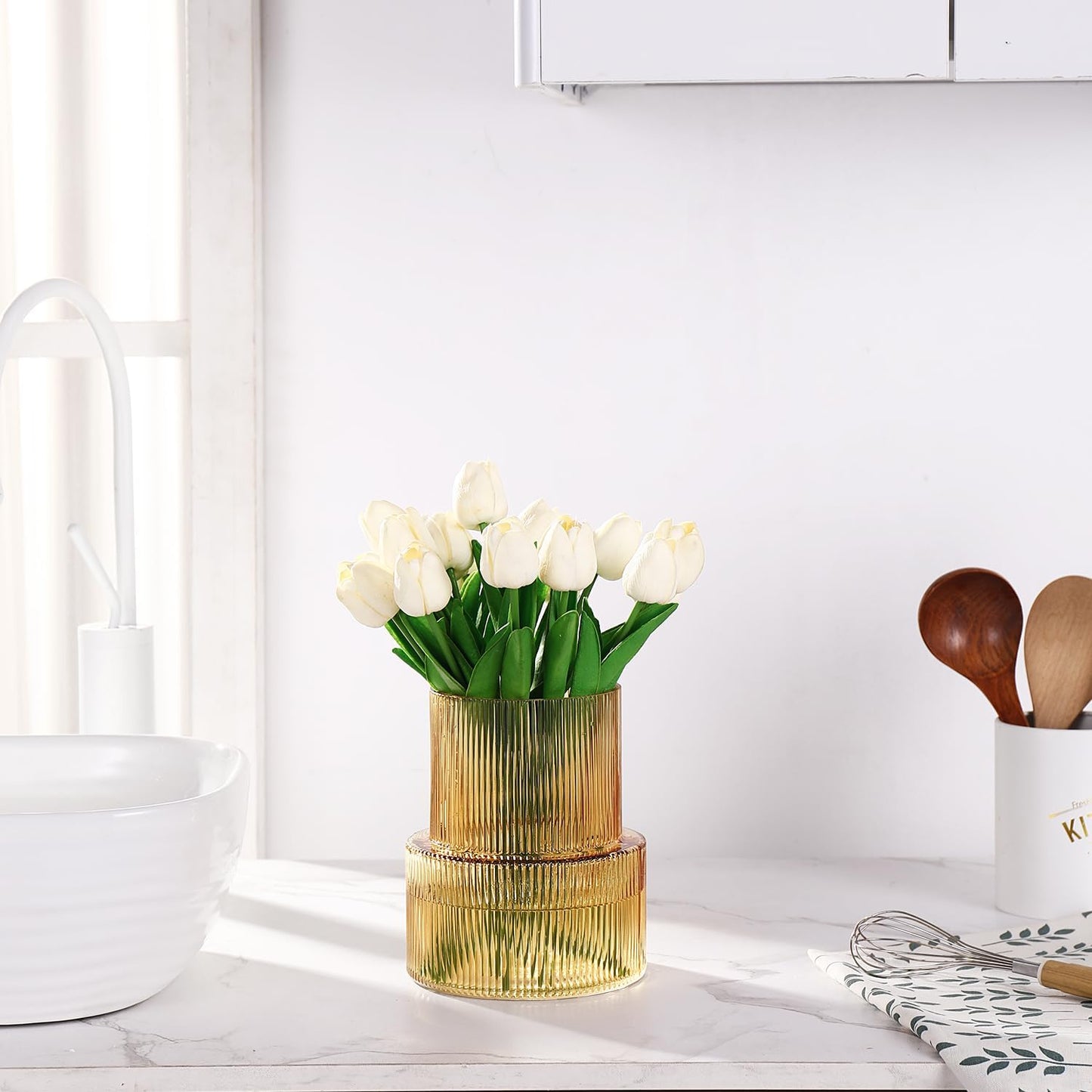 Bernsteinfarbene gerippte Blumenvase für Tulpen - Moderne Dekoration für Wohnzimmer, Esstisch, Eingangsbereich, Kaminsims, Regal, Hochzeit und Büro, 19 cm