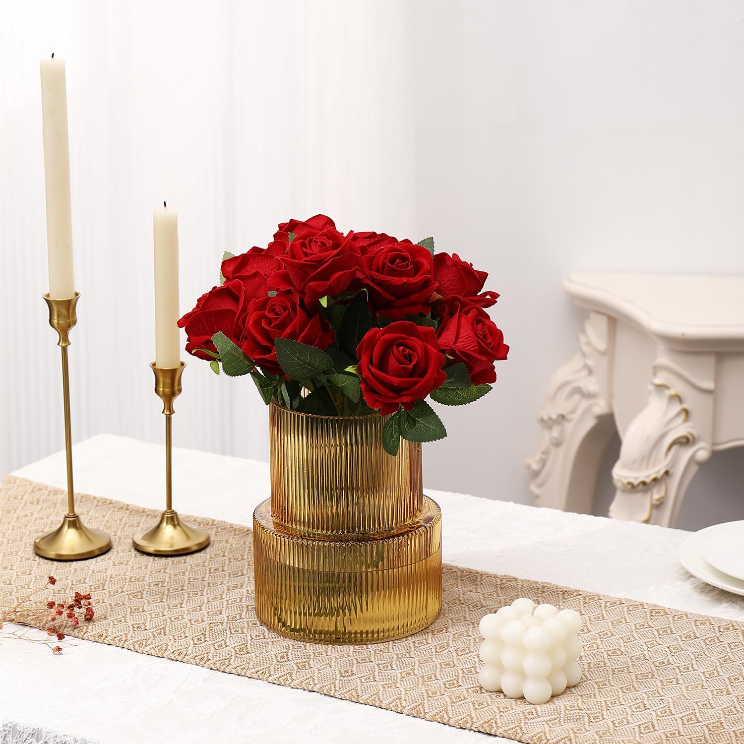 Bernsteinfarbene gerippte Blumenvase für Tulpen - Moderne Dekoration für Wohnzimmer, Esstisch, Eingangsbereich, Kaminsims, Regal, Hochzeit und Büro, 19 cm