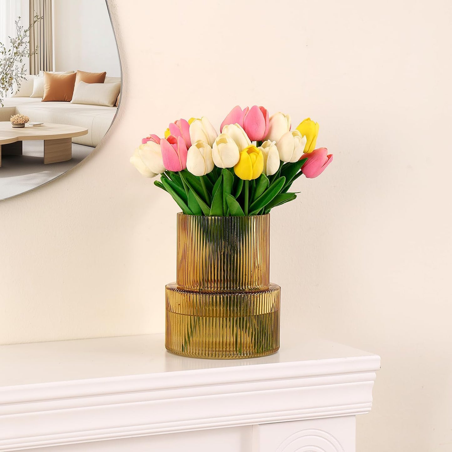 Bernsteinfarbene gerippte Blumenvase für Tulpen - Moderne Dekoration für Wohnzimmer, Esstisch, Eingangsbereich, Kaminsims, Regal, Hochzeit und Büro, 19 cm