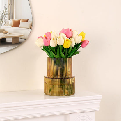 Bernsteinfarbene gerippte Blumenvase für Tulpen - Moderne Dekoration für Wohnzimmer, Esstisch, Eingangsbereich, Kaminsims, Regal, Hochzeit und Büro, 19 cm