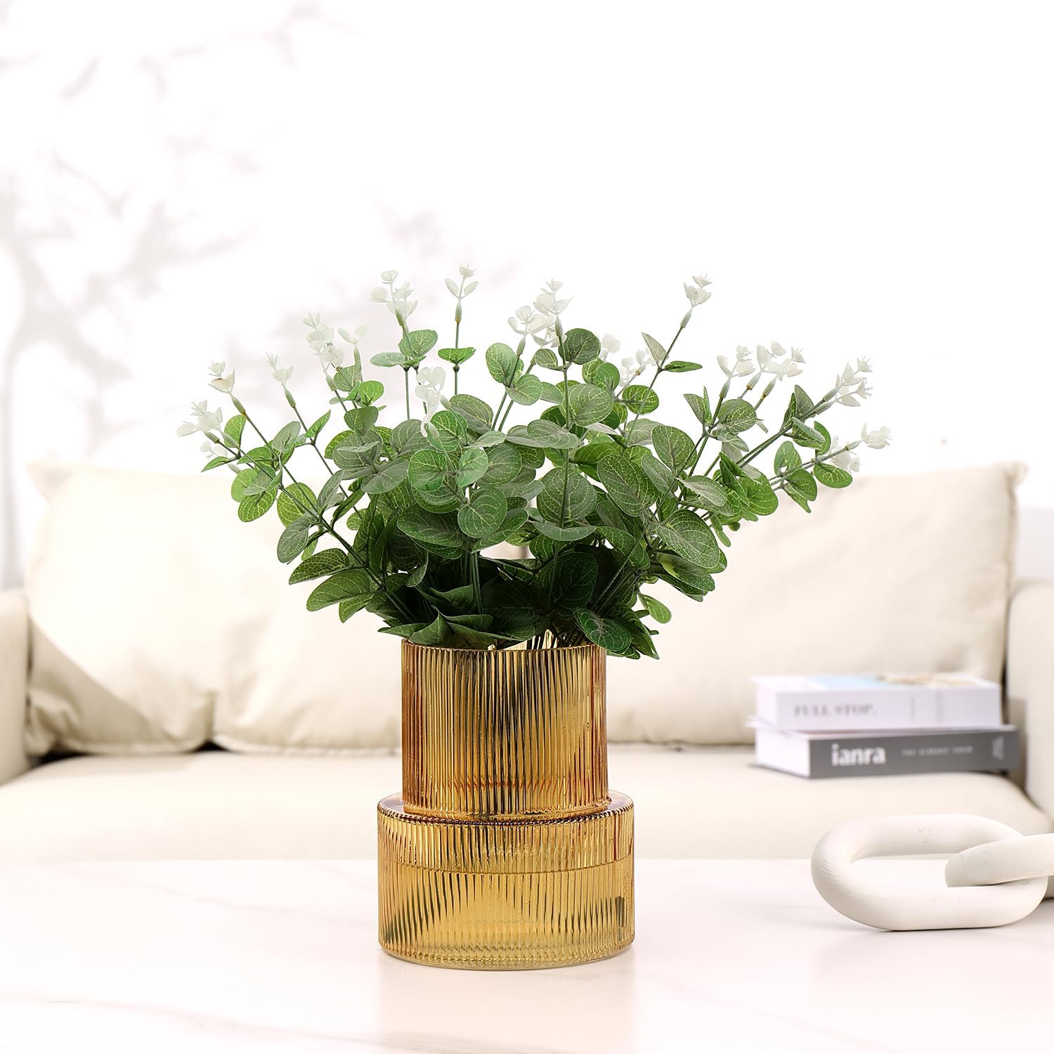 Bernsteinfarbene gerippte Blumenvase für Tulpen - Moderne Dekoration für Wohnzimmer, Esstisch, Eingangsbereich, Kaminsims, Regal, Hochzeit und Büro, 19 cm