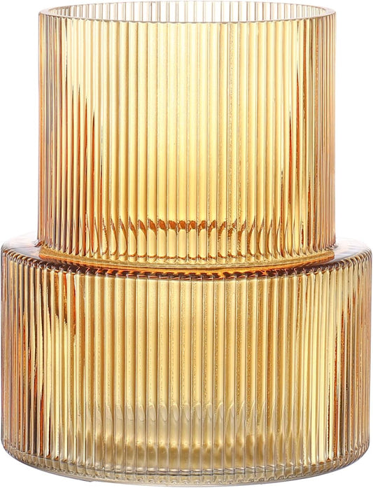 Bernsteinfarbene gerippte Blumenvase für Tulpen - Moderne Dekoration für Wohnzimmer, Esstisch, Eingangsbereich, Kaminsims, Regal, Hochzeit und Büro, 19 cm