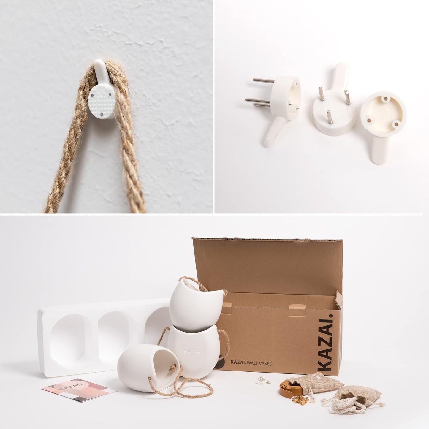 Kazai Wand Vases - Ellie | Set of 3 Hanging Ceramic Planters | Wall Decor for Indoor, Balcony, and Garden | Matte White Finish