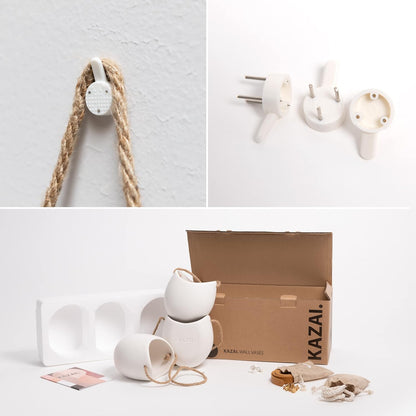 Kazai Wand Vases - Ellie | Set of 3 Hanging Ceramic Planters | Wall Decor for Indoor, Balcony, and Garden | Matte White Finish