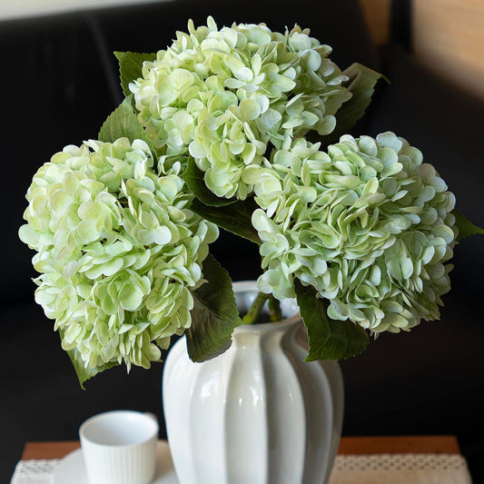 Set of 3 Large 56 cm Realistic Artificial Hydrangeas - Premium Touch Faux Flowers for Weddings, Christmas, Office, Family Gatherings, and Living Room Table Decorations (Light Green)