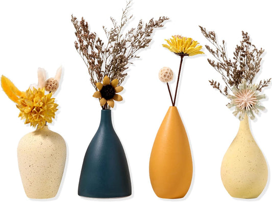 Sziqiqi Miniature Ceramic Vase Set - Handcrafted Decorative Vases for Floral Arrangements - Modern Morandi Matte Finish - 4-Piece Table Decoration Set for Living Room