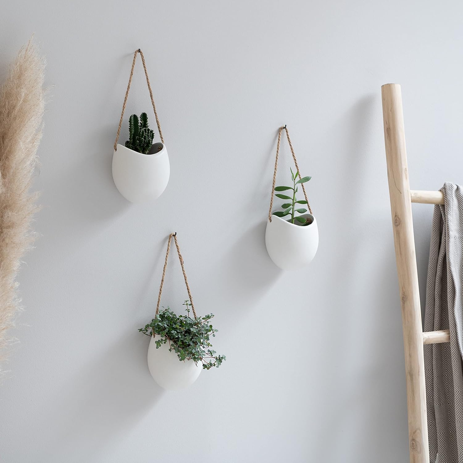 Kazai Wand Vases - Ellie | Set of 3 Hanging Ceramic Planters | Wall Decor for Indoor, Balcony, and Garden | Matte White Finish