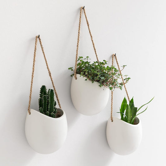 Kazai Wand Vases - Ellie | Set of 3 Hanging Ceramic Planters | Wall Decor for Indoor, Balcony, and Garden | Matte White Finish