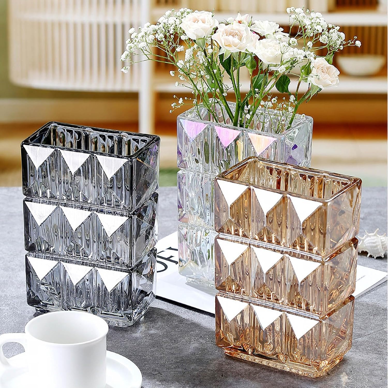 20 cm Crystal Glass Vase, Thick Clear Glass Flower Vase, Large Square Decorative Vase for Modern Farmhouse Centerpiece, Home Room Decor (Amber)