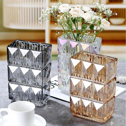 20 cm Crystal Glass Vase, Thick Clear Glass Flower Vase, Large Square Decorative Vase for Modern Farmhouse Centerpiece, Home Room Decor (Amber)