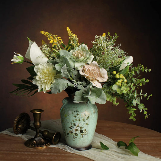Künstliche Blumenarrangements in eleganter Keramikvase – Dekoration für Zuhause, Küche, Wohnzimmer, Esszimmer und Couchtisch im Bauernhaus-Stil (Grün)