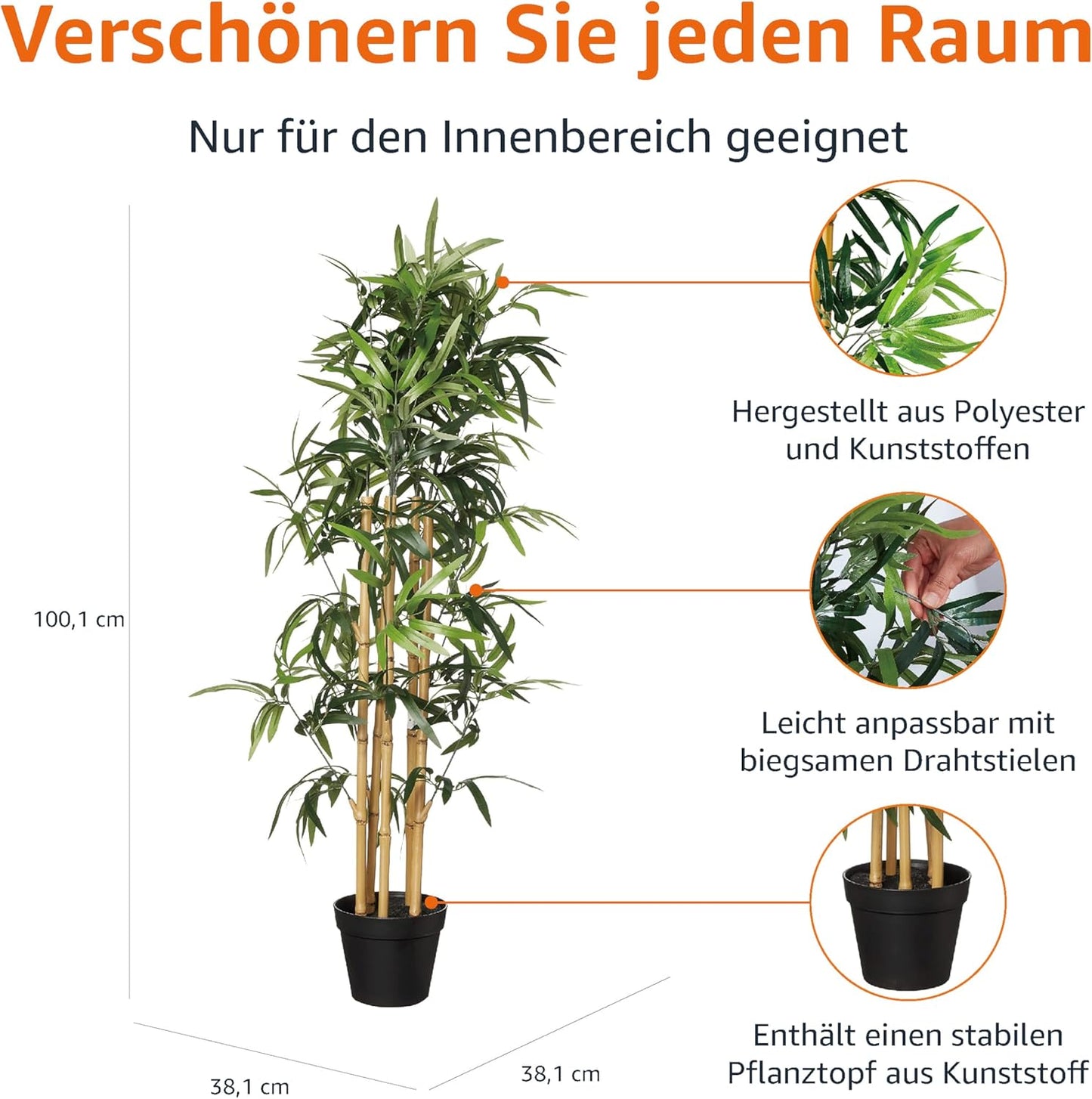 Amazon Basics Künstliche Bambuspflanze mit Kunststofftopf, 100 cm, Grün