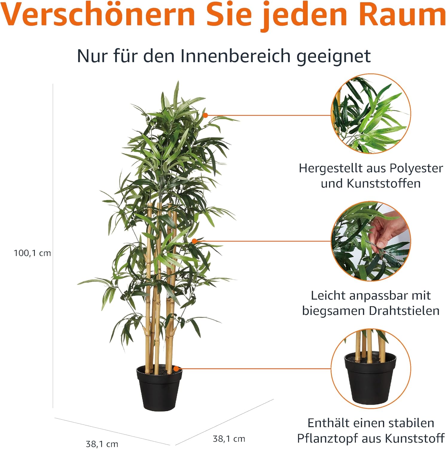 Amazon Basics Künstliche Bambuspflanze mit Kunststofftopf, 100 cm, Grün