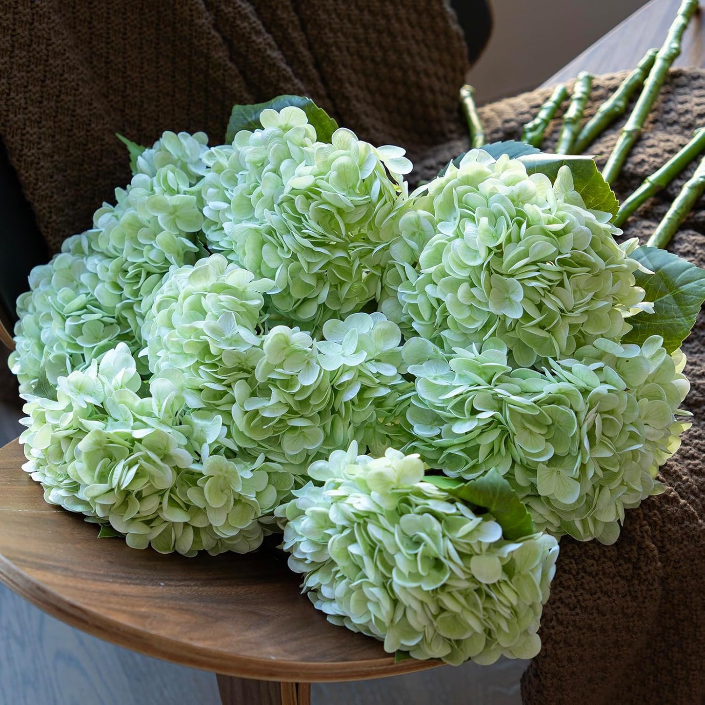 Set of 3 Large 56 cm Realistic Artificial Hydrangeas - Premium Touch Faux Flowers for Weddings, Christmas, Office, Family Gatherings, and Living Room Table Decorations (Light Green)
