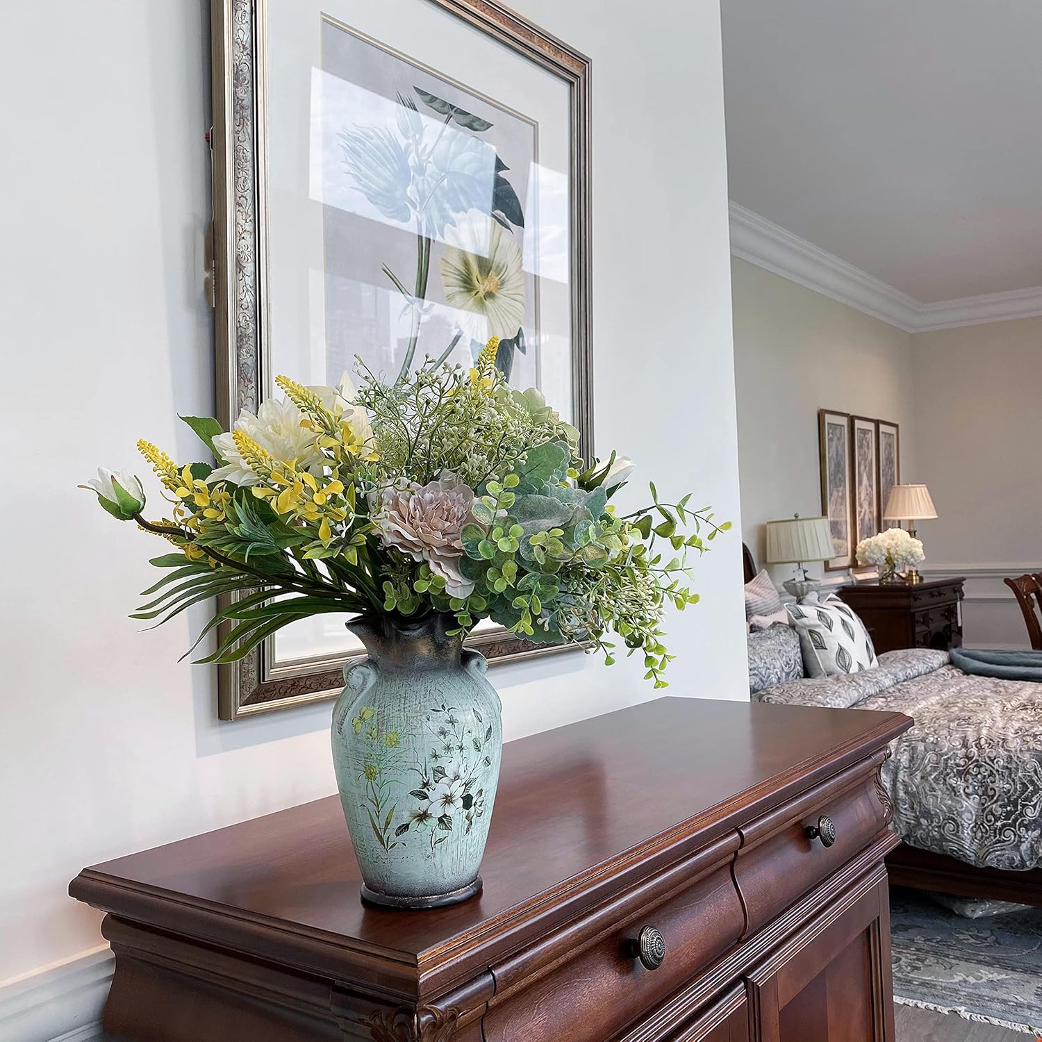 Künstliche Blumenarrangements in eleganter Keramikvase – Dekoration für Zuhause, Küche, Wohnzimmer, Esszimmer und Couchtisch im Bauernhaus-Stil (Grün)
